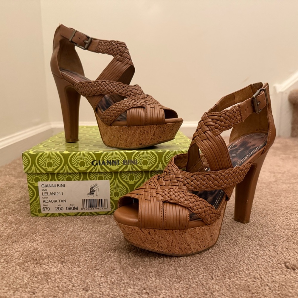 Gianni Bini Acacia Tan Woven Platform Heels